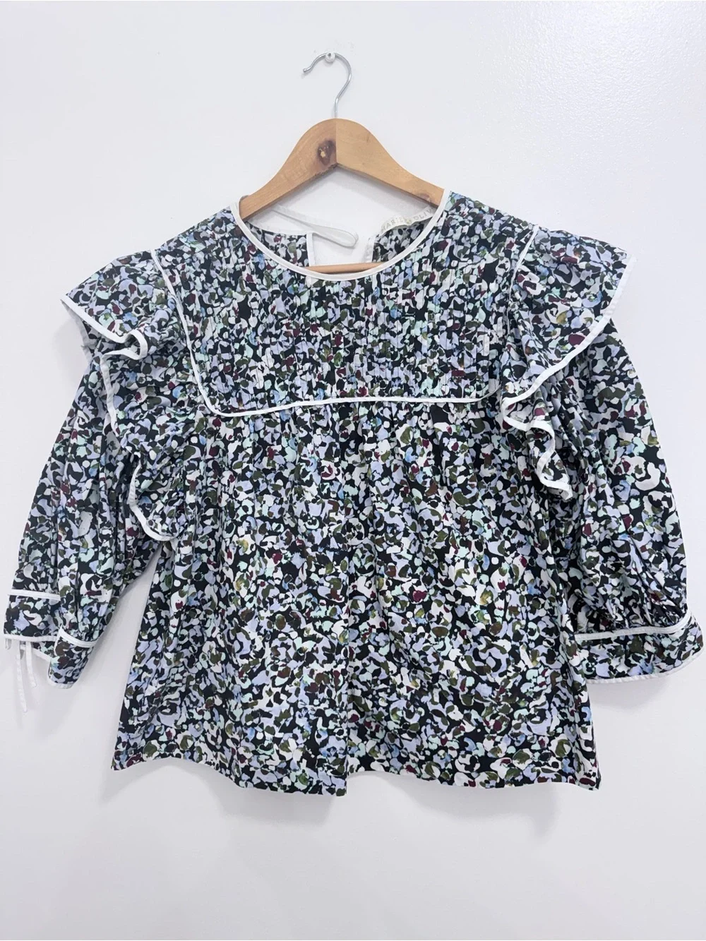 Marie Oliver Floral Ruffle Long-Sleeve Top - Black/White Multicolor